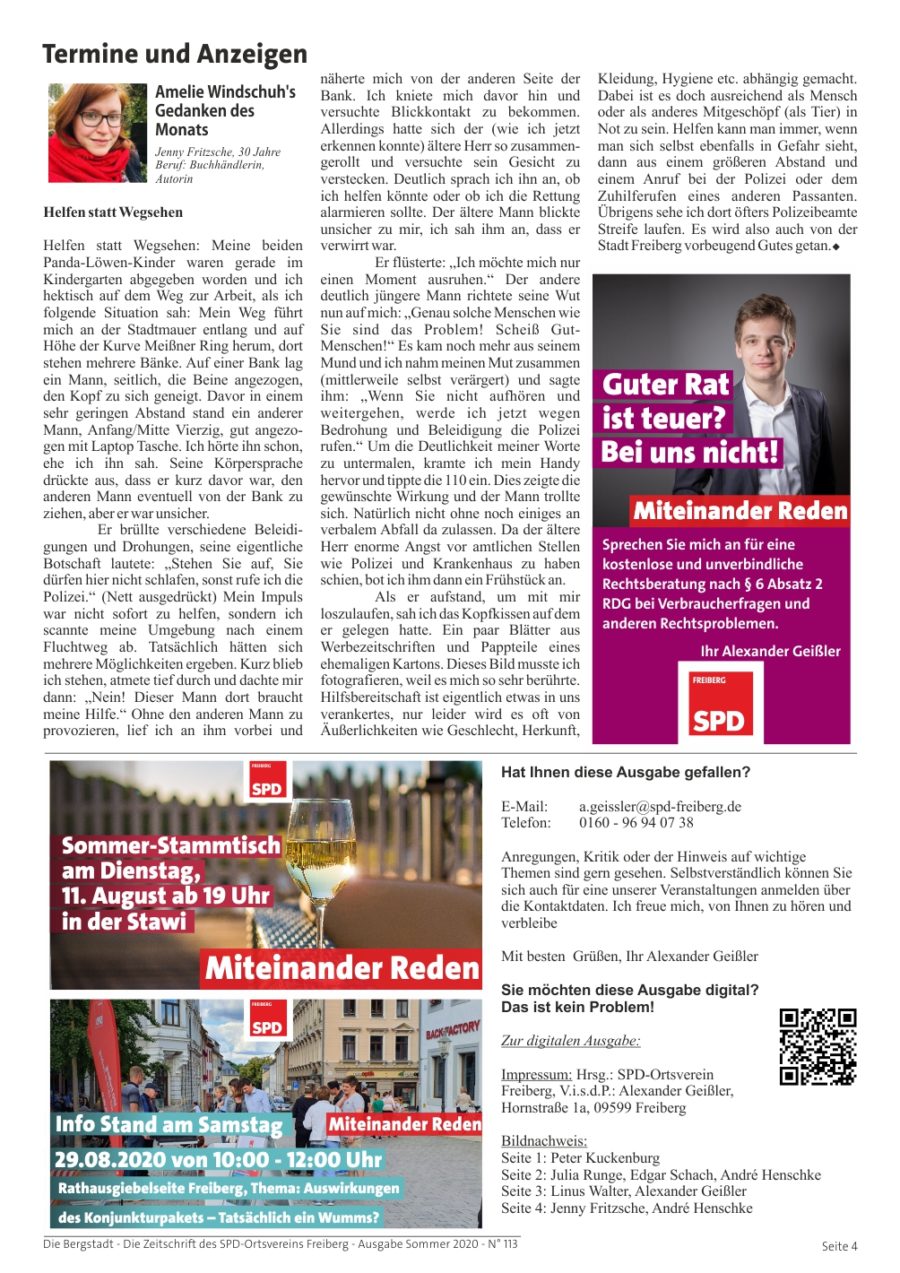 Die Bergstadt - Die Zeitschrift des SPD-Ortsvereins Freiberg - Ausgabe Sommer 2020 - N° 113 - Seite 4